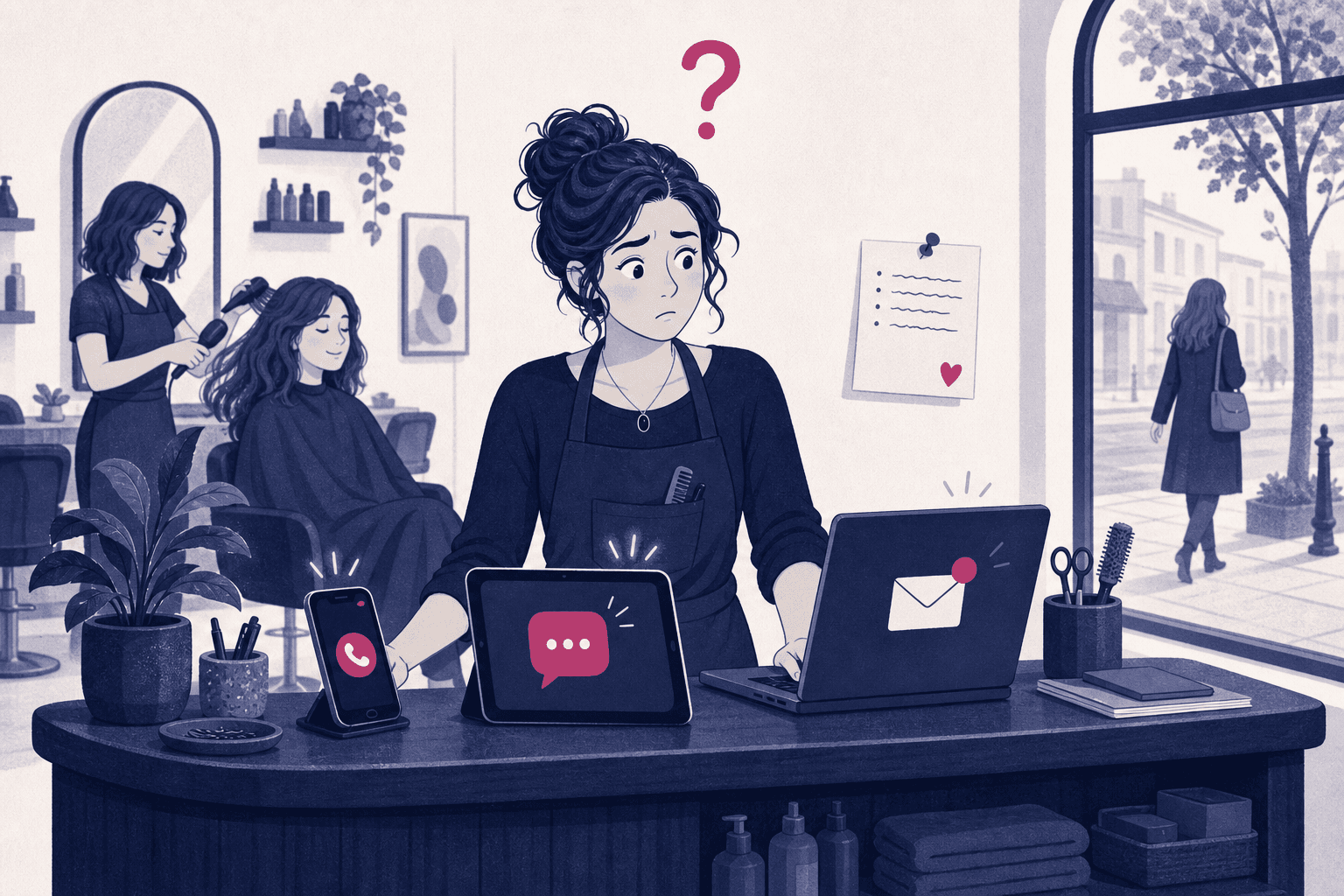 A salon owner at a busy front desk glancing between a ringing phone, a texting tablet, and an emailing laptop, with a question mark above her head and a customer walking away outside