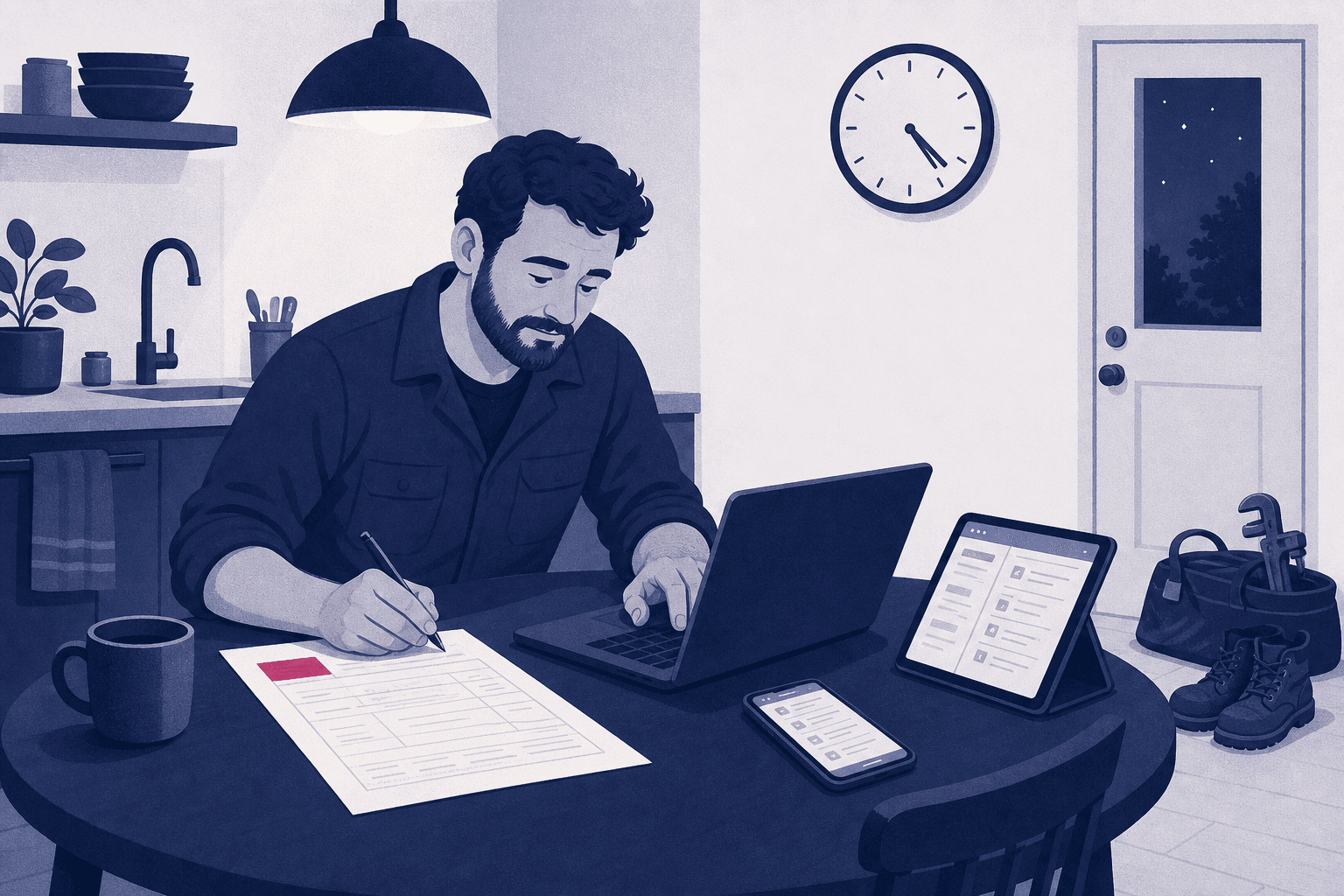 A plumber at the kitchen table late in the evening, copying a paper job sheet into a laptop while a tablet and a phone each show a different app